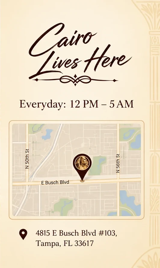 Cairo Lives Here, planned hours 12 PM to 5 AM, and Sphinx Cafe location